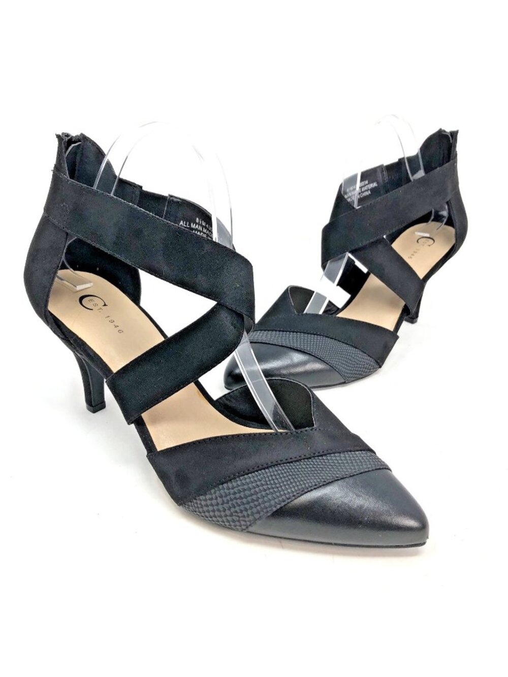 Cato Shoes Womens 8.5 Black PU Suede Pointed Toe Stiletto High Heels Cross Strap